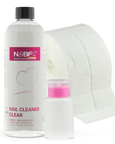 NAILS FACTORY | N&BF Nagel Cleaner Set 1000ml + Dispenser Pumpflasche + 1000 Zelletten Cellulose Pads (2 Rollen à 500 Stück) | 70% Isopropanol-Alkohol isopropylalkohol 1L | für Gelnägel | (Rosa 150)