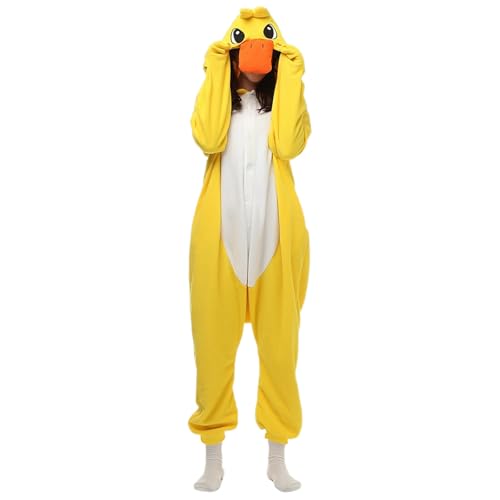 DUHENWU Jumpsuit Damen Tier Ente Pyjamas Cosplay Kostüme Onesie Pyjama Tier Einteiler Fleece Nachtwäsche Weihnachten Halloween Kostüm Overall Verkleidung Sleepsuit Spaß Erwachsene Nachtwäsche