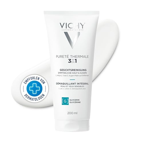 Vichy Pureté Thermale 3-in-1 Gesichtsreinigung ohne Wasser, Reinigungsmilch, Gesichtswasser und Augen-Make-Up-Entferner in einem, Feuchtigkeitsspendend und reinigend, 200 ml