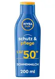 NIVEA SUN Schutz & Pflege Sonnenmilch LSF 50+ (200 ml), Sonnencreme für 48h Feuchtigkeit mit Vitamin E, sofortiger Sonnenschutz vor UVA-/UVB-Strahlen