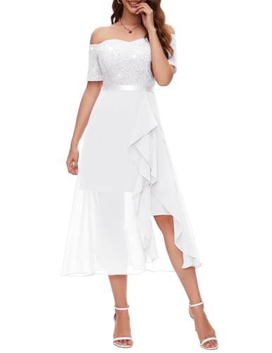 Berylove Vokuhila Kleid Festliche Kleider Damen Kleider Elegant Festlich Jugendweihe Kleider Coctailkleid/Festliches Kleid Spitzenkleid Weißes Langes Kleid BLP7085 White XL