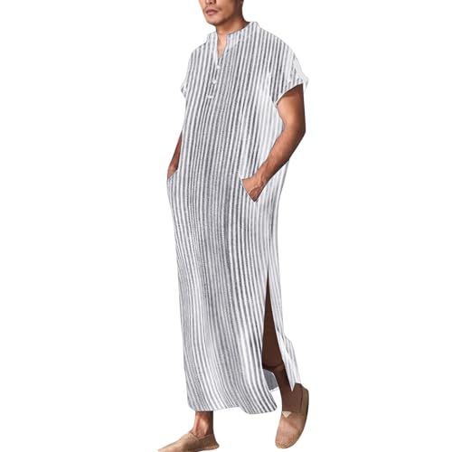 Gebetskleidung Herren Muslimische Robe Muslim Kaftan Langarm Islamische Arabische Kleidung Streifen Druck Abaya Gebetskleid Lang Ramadan Jalabiya Kleider Ihram Kleidung Männer(White, S)