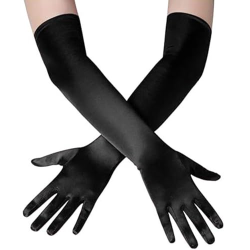 Loiluliy Satin Handschuhe Lang Schwarz, 1 Paar Handschuhe Damen Elastic Classic Abendhandschuhe Seidenhandschuhe 1920er Style Black Gloves für Oper, Maskerade, Cosplay-Kostüme, Halloween-Party