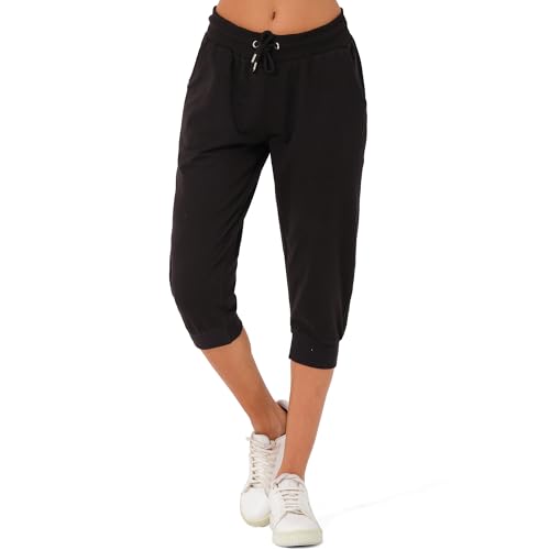 Smith & Solo Jogginghose Damen 3/4 - Sporthose Capri Kurze Hose Yogahose Damen, Freizeithose Laufhose Sommer Kurz Hosen,Trainingshose Fitness Sweathose (Schwarz, 2XL)