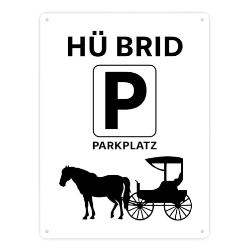 Pferd mit Kutsche Metallschild XXL in 28x38 cm mit Spruch Hü brid Hybrid Fahrzeug Deko für Garage Parkplatz oder Männerhöhle - Ideal für Auto-Fans und Parken-Konzept