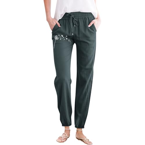 Strand Hose Damen Damen Leisure Simple Fashion Local Delion Printing Solid Color Pants Pocket Draw String Household Outdoor Trousers Features: Länge Luftige Hose Damen (Green, L)