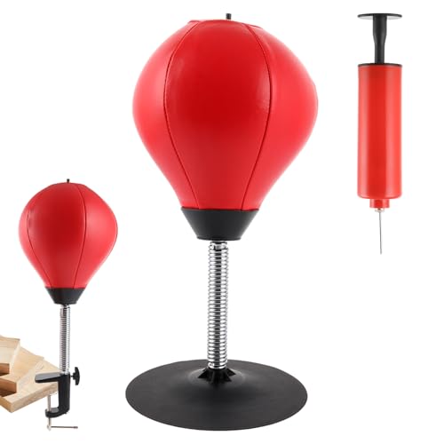 Oungy Boxsack für den Schreibtisch mit Tischklemme, Boxball mit Starken Saugnäpfen, Boxsack Stehend Kinder zum Stressabbau, Heavy Duty Boxbirne Hängend für Bürotisch und Theke (Rot-Schwarz)
