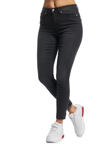 ONLY Damen Skinny Fit Jeans | Normal Waist Denim Stretch Hose | Bleached Used Design ONLWAUW, Farben:Schwarz, Größe:XL / 32L