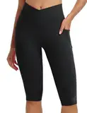 baleaf Damen Yoga Capri Leggings mit Taschen Sport Leggings High Waist Knielange Yogahose Kurze Radlerleggings Slim Fit Gym Casual Sommer Schwarz XL