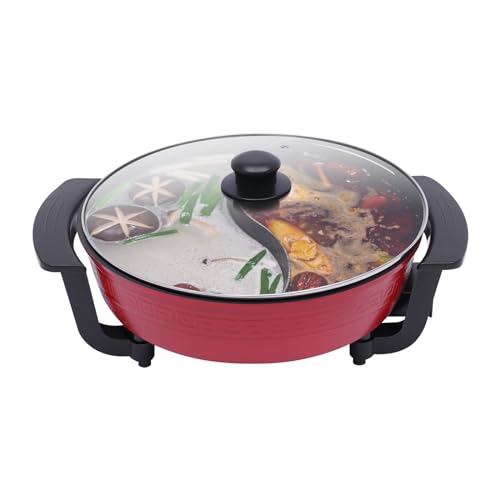 SABUIDDS 6L Elektrische Hot Pot 220V Wokpfanne Yin Yang Hot Pot Twin Suppentopf Küche Kasserolle Multifunktions Topfkocher Antihaft Chinesischer Hotpot für Hause, Reise und Wohnheim, Rot