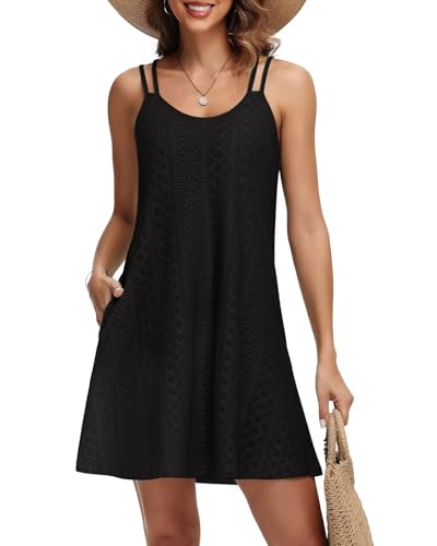 Tanmolo Sommerkleid Damen Strandkleid Spaghettitrger Freizeitkleid Kurz Ärmellos Tank Kleid Leicht und Luftig S Schwarz