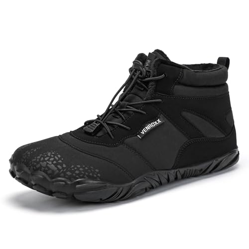 VENROXX Barfußschuhe Winter Herren Winterschuhe Warm Gefüttert Winterstiefel Wasserdicht Schneestiefel Outdoor rutschfeste Traillaufschuhe, Schwarz, 43