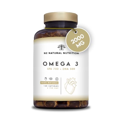 Omega 3 Kapseln Hochdosiert mit 2000 mg Fischöl mit 700mg EPA und 500 mg DHA, Fischöl mit Vitamin E und den Omega 3 Fettsäuren. 120 Softgel-Kapsel reines Seefischöl N2 Natural Nutrition