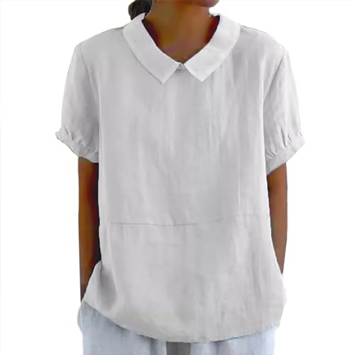 Leinenoberteile für Damen, Sommer, 2025, einzigartiger Bubikragen, Bluse, Frühling, lässig, Puff, kurzärmelig, atmungsaktiv, leicht, Leinenhemd, einfarbig, Tunika, stilvolle Loungewear, Weiß Nr. 6, M