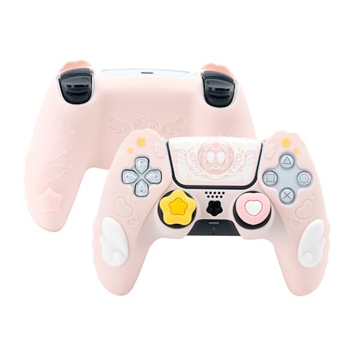 GeekShare Niedliches PS5-Controller-Hautgriff-Set, rutschfeste Silikon-Schutzhülle, Joystick-Kappen für Playstation 5 Wireless Controller-Zubehör-Set, Sternflügel (rosa)