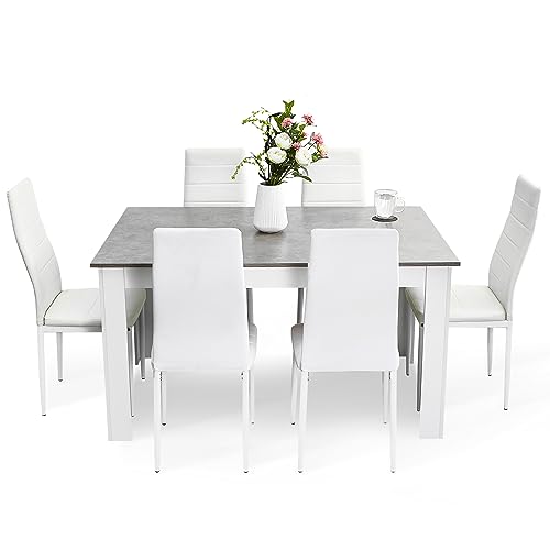 Mondeer Esstisch mit 6 Stühlen Set, Essgruppe mit Hochlehner Kunstleder Stuhl für Küche Esszimmer Wohnzimmer, W138 x D90 x H75 cm, Weiß und Grau