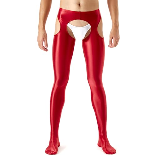 GENEMEN Glänzende Herren Strumpfhosen Crotchless Tights Pants Sissy Unterwäsche Crotchless Sheer Leggings (Rot, XL)