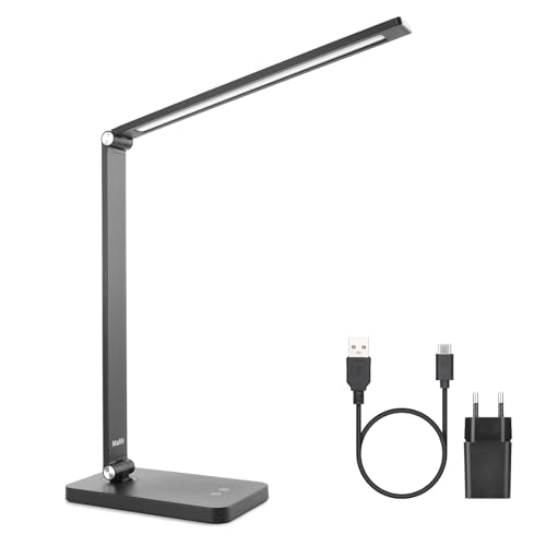 mafiti Schreibtischlampe LED Dimmbar Tischlampe 5 Farb und 3 Helligkeitsstufen, Augenfreundliche Nachttischlampe, USB-Anschluss für Leser, Kinder, Büro-Schwarz