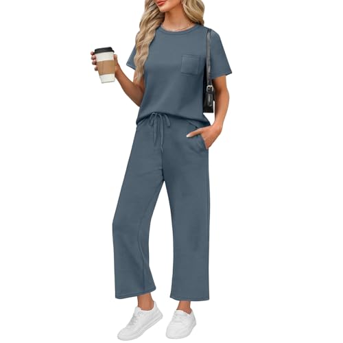 DHYUEN Festliches Outfit Damen Lockere Rundhals Jogging Anzug Elegantes Outfit Damen Komplett Lässig Jogginganzug Hosenanzug Atmungsaktive Hosenanzug Festlich Hochzeit Damenanzug(2-Blue,M)