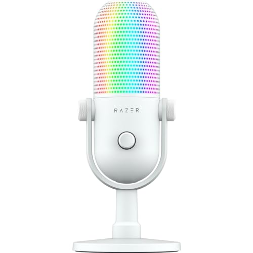 Razer Seiren V3 Chroma - RGB USB-Mikrofon - Supernieren Kondensator-Mikrofon mit Tap-to-Mute (Reaktive Beleuchtung, Digitaler Verstärkungsbegrenzer und integrierter Schockdämpfer) Weiß