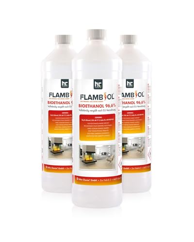 Höfer Chemie Bioethanol 96,6% Premium 3 x 1 L - Ethanol für Tischkamin, Kamin & Gartendeko für Draußen - Rauch- und Rußfrei - Aus Mais & Zuckerrüben