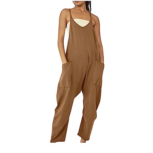EMATOP Jumpsuits für Damen Sommer Ärmellos Latzhose Elegant Lange Playsuit Casual V-Ausschnitt Träger Overall Locker Einfarbig Arbeitshose mit Taschen Einteiler Romper Leicht Bequem Sommerhose