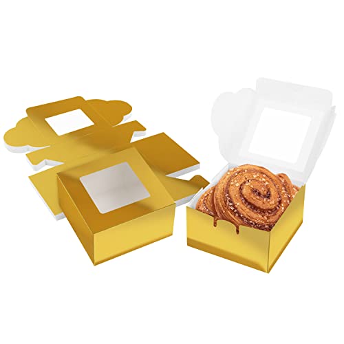 Belle Vous Geschenkboxen Pappe Gold Karton mit Sichtfenster für Gebäck (50Stk) 10,16x 10,16x 5,7cm Karton Boxen Kuchen Box Karton – Cupcake Geschenkbox Einweg Box für Kekse, Kuchen, Dessert, Geschenk