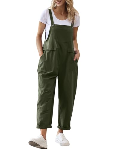 YESNO Damen Latzhose Sommer Oversize Trägerhose Beiläufig Loose Bib Pants Overall Baggy Jumpsuit Strampler Sommerhose mit Träger (M PV9DE Aschgrün)