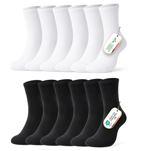 FALARY Socken Herren 43-46 Schwarz Weiß Tennissocken Damen 6 Paar Sportsocken Herrensocken Crew-Socken Laufsocken Sport Socks Atmungsaktive Baumwolle Wandersocken