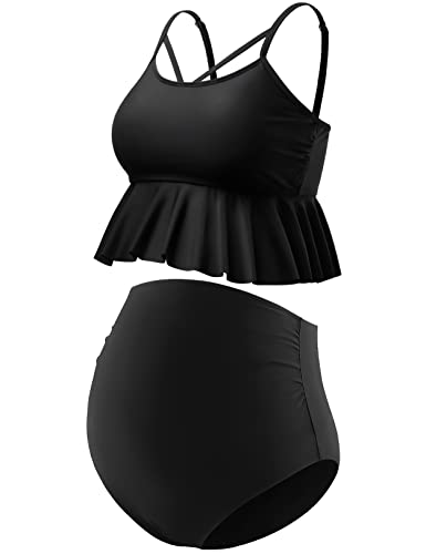 GINKANA Umstands-Bikini, zweiteiliger Badeanzug, Rüschen, hohe Taille, Umstands-Badeanzug, Sommer, Schwangerschafts-Bademode, Schwarz, S