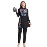 Burkini Damen Muslim Muslimische Badeanzug Frauen Langarm Zipper Blumen UV Schutzkleidung Badeshirt+Schwimmhose+Badekappe Hijab 3tlg Ganzkörper Islamisch Arabisch Jilbab Modest Bademode Schwarz L