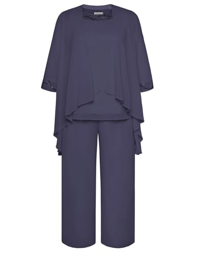 Hanna Nikole Damen Große Größen Chiffon Rundhalsausschnitt Brautmutter Hosenanzug Unregelmäßig Brautmutter 3 Teilig Hosenanzug Chiffon für Hochzeit Abendkleid Anthrazitgrau 50