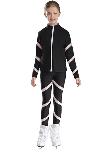 Freebily Kinder Mädchen Eiskunstlauf Anzug Jacke Hose Sport Set Eislaufen Trainingsoutfit Strass Sweatjacke Leggings Performance Tanzkleidung Rosa_C 122-128