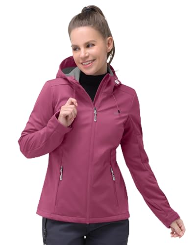 33,000ft Damen Softshelljacke Wasserdichte Winddichte Funktionsjacke Atmungsaktive Übergangsjacke Leichte Fahhradjacke mit Kapuze Windbreaker zum Laufen, Radfahren, Wandern, Beerenrot 38