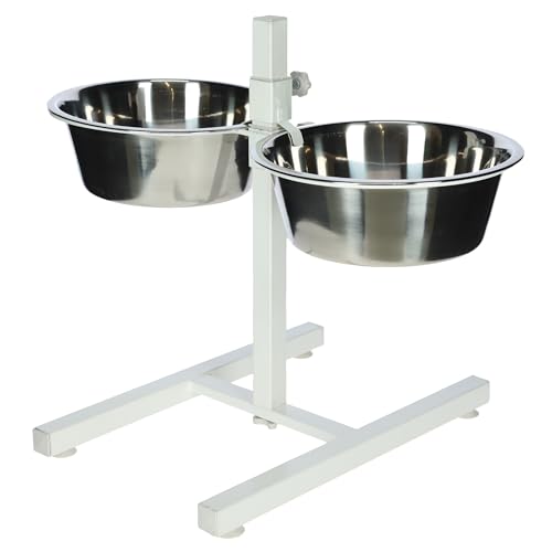 Kerbl Futterbar inklusive Edelstahlnäpfe, Stufenlos Verstellbarer Hunde Fressnapf, 2 x 1800 ml, Höhe 43 cm, Weiß