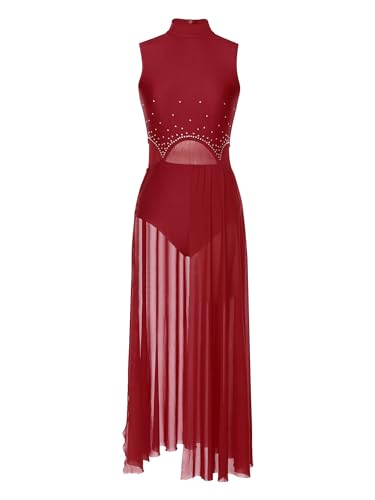 iEFiEL Damen Tanzkleid mit Strass Mesh Ballettkleid Ballett Trikotanzug Jumpsuit Tanzbody Overall Gymnastik Wettbewerb Tanzkostüm Burgundy S