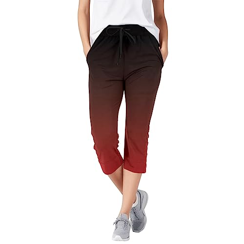 Hosen Damen Locker 3/4 Lässige Damenhose mit soliden Taschen, elastischem Gürtel Taille, mittellange Hose Sommer Hose Damen Outdoor Leggings Damen (Wine, XXL)