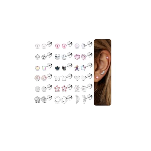 JeweBella 18 Paar Hypoallergen Medizinische Ohrstecker für Damen Frauen Ohrringe Silber Helix Piercing Ohr Ohrstecker Chirurgenstahl Opal Perlen Gesundheitsstecker Ohrringe Set Kinder Ohrringe Mädchen