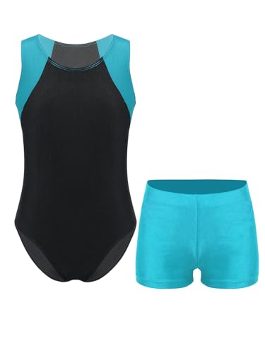 Nyeemya Jungen Turnanzug Ballettanzug Turntrikot Ballett Tanzbody Ärmellose Gymnastikbody + Shorts Wettkampf Tanzbekleidung Blau Grün 134-140