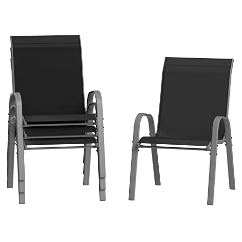 Amopatio 4er Set Gartenstühle Stapelbar, Hochlehner Stapelstühle aus Textilene und Metallgestell, Terrassenstühle Balkonstuhl mit Armlehnen Wetterfest, 60 x 72 x 96 cm, Schwarz