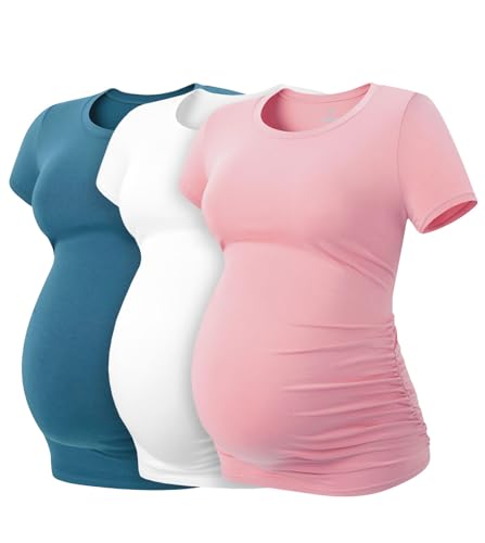 LAPASA Damen 3 er Pack Umstandstop Umstandsmode Umstandskleidung Tops Schwangerschaft Kurzarm Umstands T-Shirt L55, Blaugrün, Weiß, Rosa, M