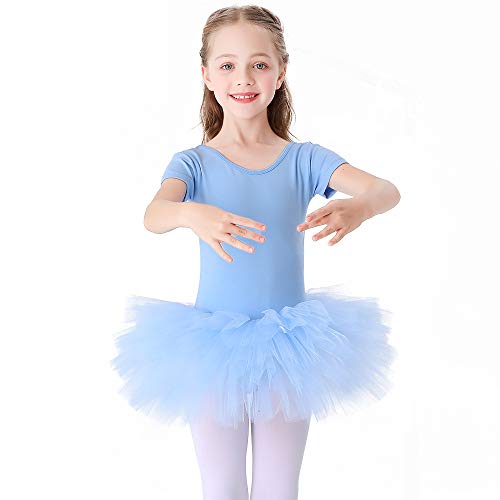 Kinder Ballettkleidung Tütü Ballettkleid Mädchen Baumwolle Balletttrikot Kurzarm Ballettanzug Tanzbody mit Rock Blau 120