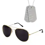 2 PCS Flieger Verkleidung Accessoires Fliegerbrille Sonnenbrille, Silber Erkennungsmarke Kette, Pilot Kostüm Zubehör Pilotenbrille Hundemarke Dog Tag für Damen Herren Erwachsene Fasching Karneval