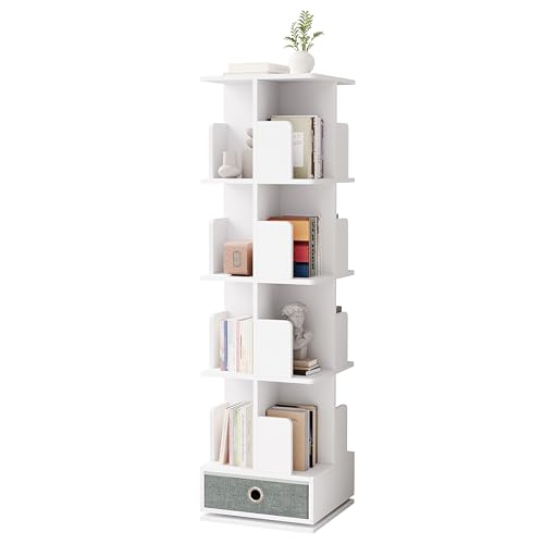 SHOWHA Drehbares Bücherregal,Bücherschrank, 4 Ebenen 360°frei Drehbar Bookcase mit 2 Schubladen,Buch/CD/DVD Standregal, Holz Lagerregal Büroregal für Kinder & Erwachsene, Quadrat,Weiß 43x43x143cm