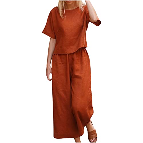 EMATOP Hosenanzug Damen Elegant Leinen Outfits Sommer Baumwolle Sportanzug Zweiteiler Kurzarm Tshirt Lang Hose Jogginganzug Leicht Einfarbig Tracksuit Casual Sport Sportanzug coupons angebote