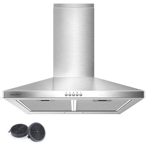COMFEE' CHT 3.6B Dunstabzugshaube 60cm Umluft & Abluft, Wandhaube mit Aktivkohlefilter, 400m³/h Luftstrom, 5 Schichten Waschbarer Fettfilter, 3 Stufen, Einstellbarer Kamin, 1 LED-Licht, Silver