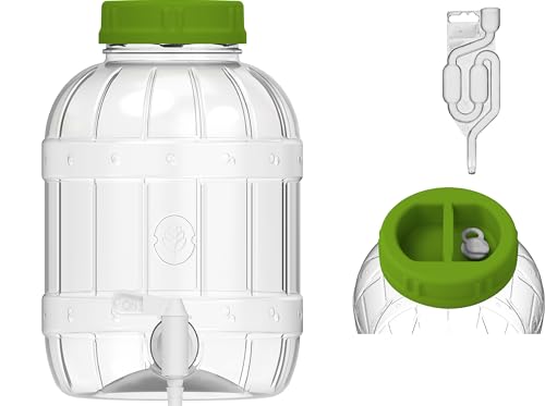 5L Gärballon Kunststoff (PET) Gäreimer Gärbehälter Weinballon + Gärröhrchen + Gummistopfen Gäraufsatz, für Wein, Bier, Maische Fass Getränkespender mit Zapfhahn