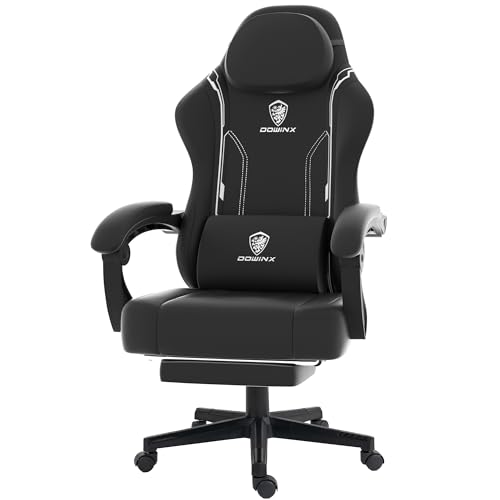 Dowinx Gaming Stuhl, Ergonomischer Gamer Stuhl aus PU-Leder mit Lendenwirbelstütze, PC-Stuhl mit verbreiterter Rückenlehne, Belastbar bis 150 kg, Schwarz
