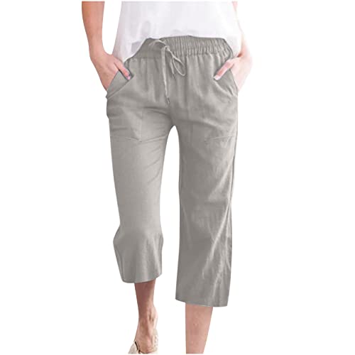 EMATOP Sommer 3/4 Hose Damen Leinen Baumwolle Stoffhose Leicht Atmungsaktiv Yogahose Einfarbig Lässig Leinenhose Weites Bein Hosen mit Taschen Sommerhose Weich Bequem Sporthose für Frauen