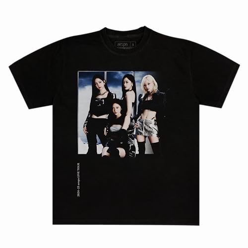 aespa Official SYNK PARALLEL LINE World Tour Merch Collection Dateback Black T-Shirt, Small